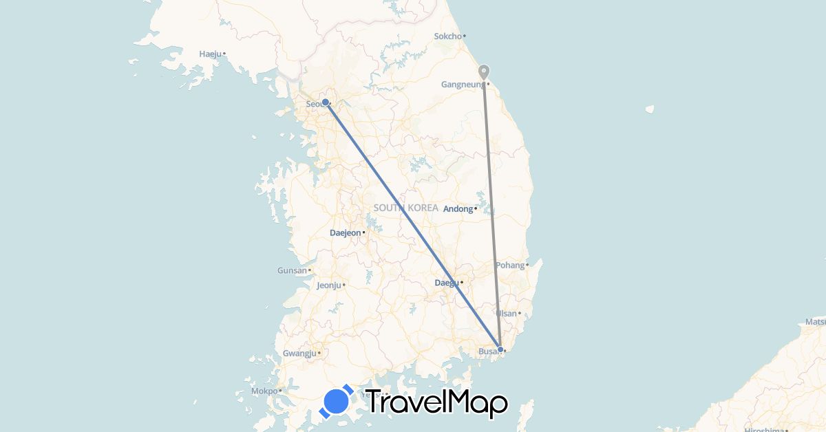 TravelMap itinerary: driving, plane, cycling in South Korea (Asia)